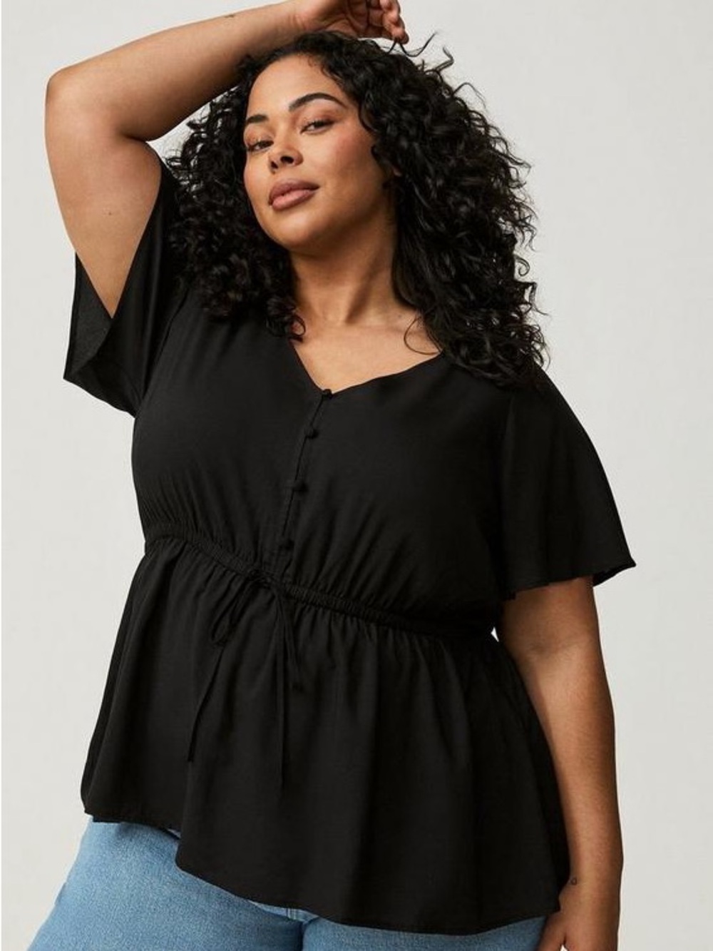 Torrid Black Strappy Crisscross V-Neck Flutter Sleeve Peplum Babydoll Top 2X